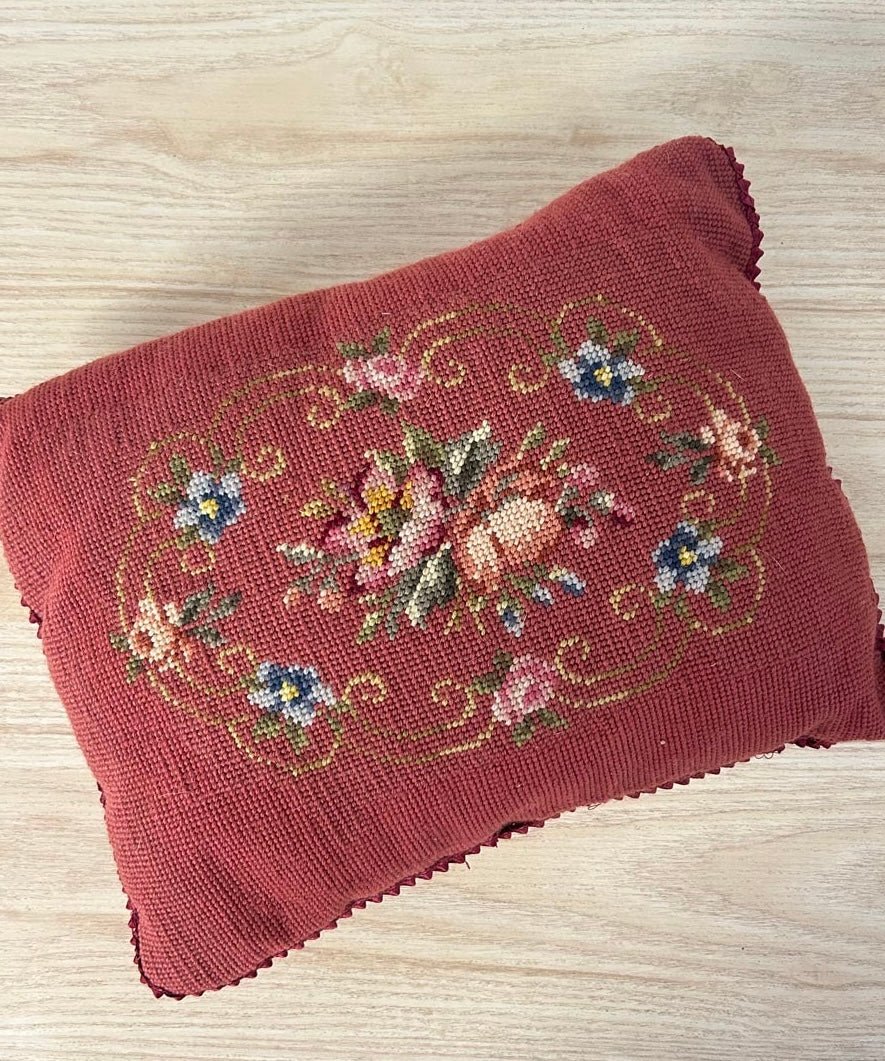 vintage needlepoint retro floral pillow - good market thrift store
