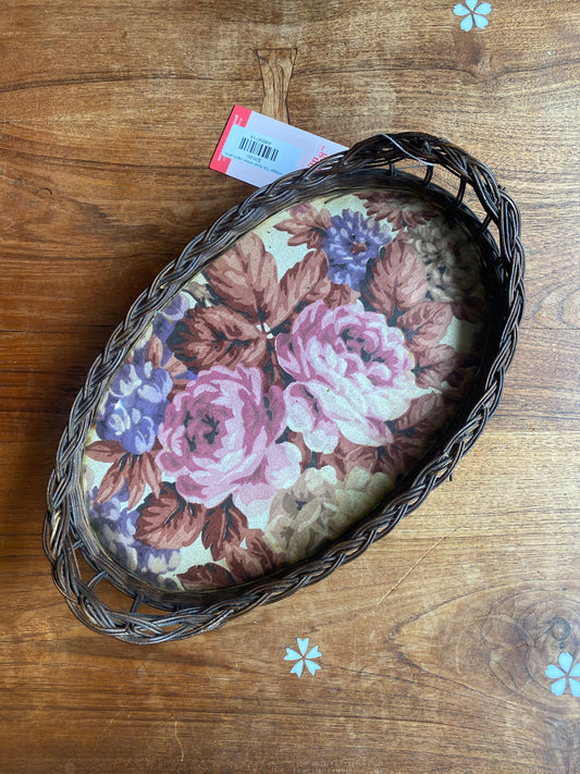 vintage 70s floral wicker catch-all tray