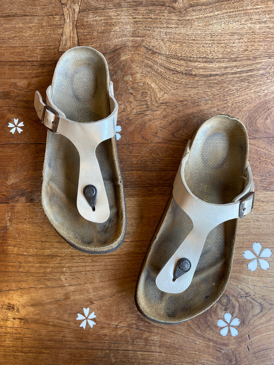 birkenstock white pearl gizeh sandals
