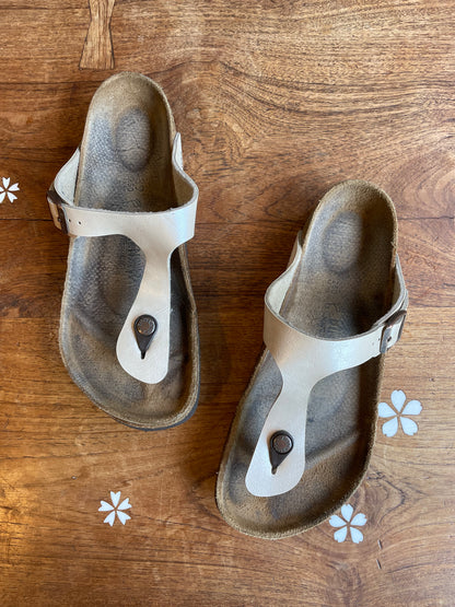 birkenstock white pearl gizeh sandals