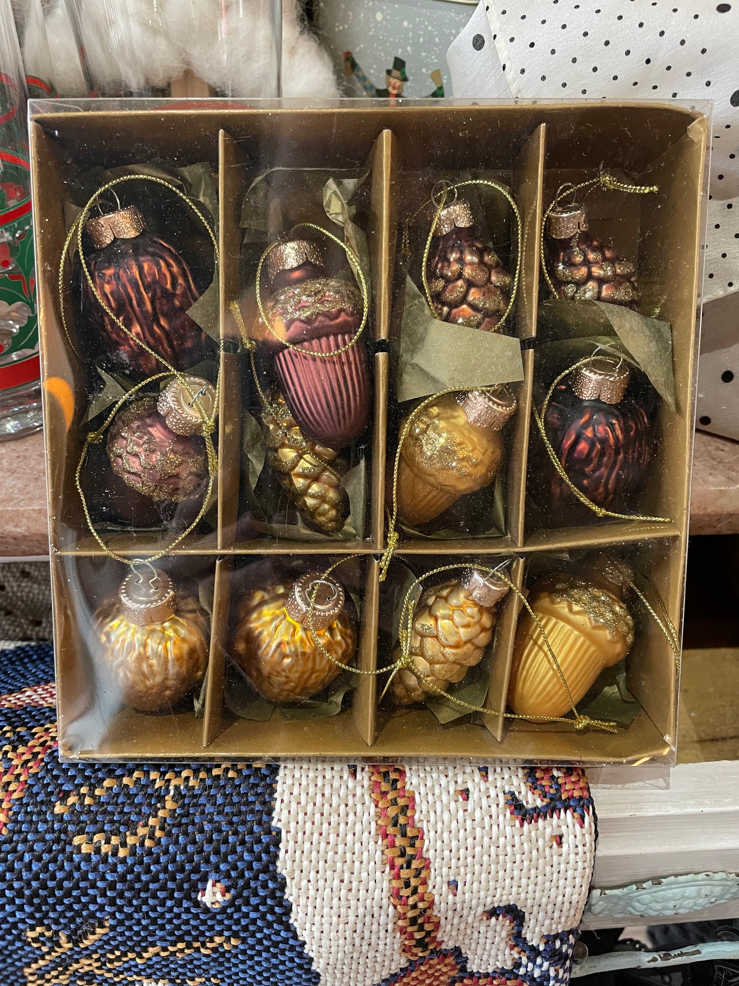 set of 12 vintage glass acorn ornaments