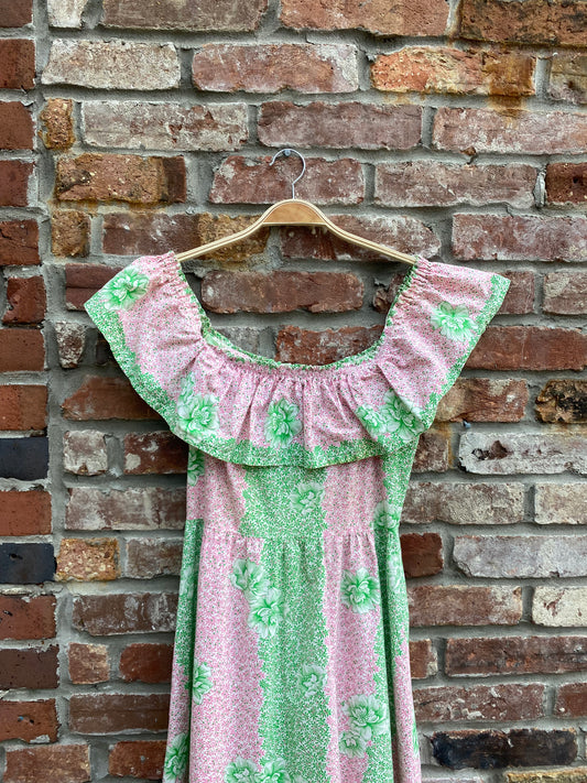 vintage 70s emcar boho ruffle off shoulder dress