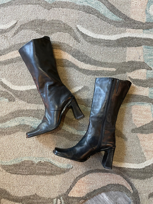 vintage 00s nine west leather square toe heeled boots