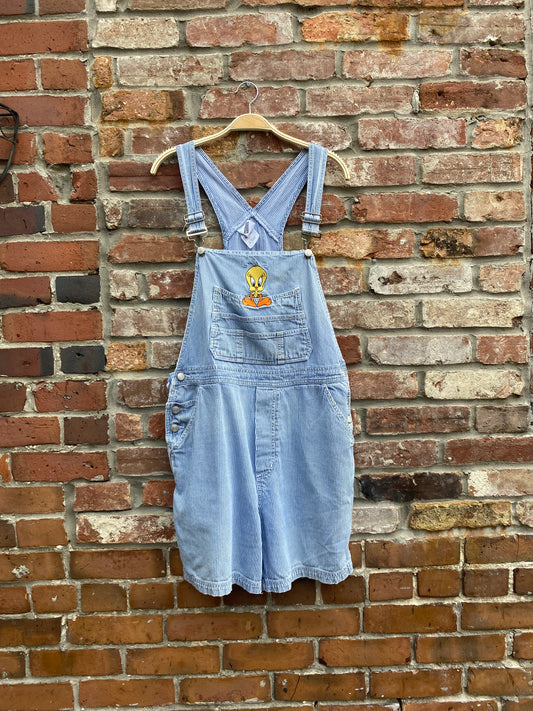 vintage 00s warner bros tweety denim short overalls