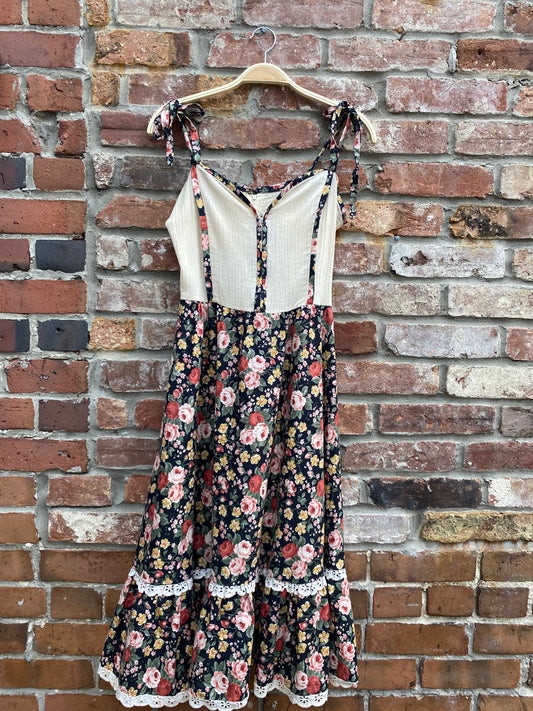 vintage 70s pat farrell floral tie shoulder dress