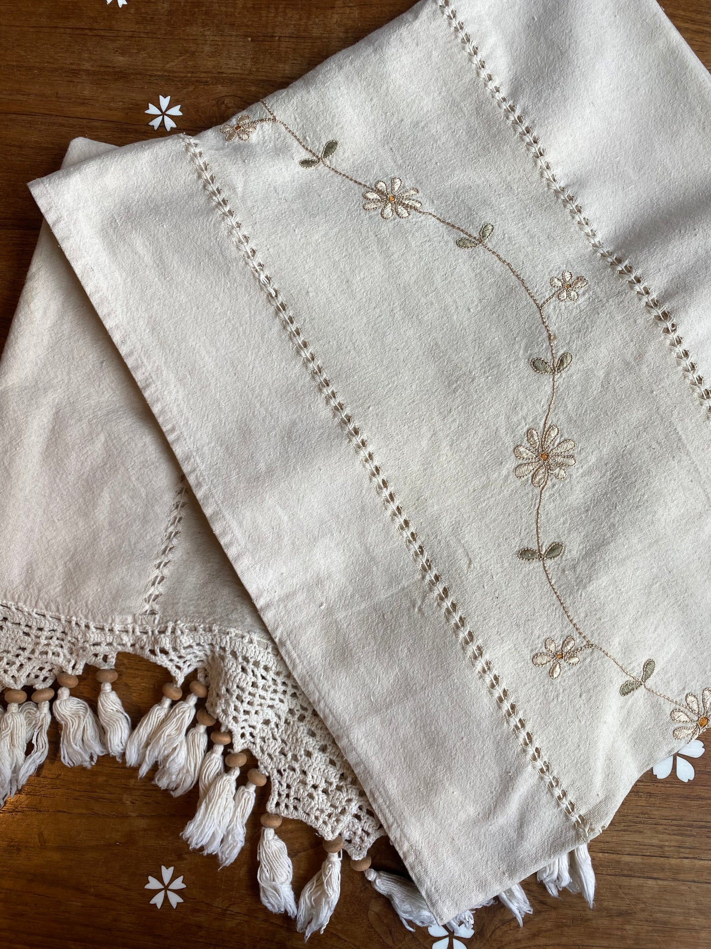 x2 vintage crochet embroidered natural curtains