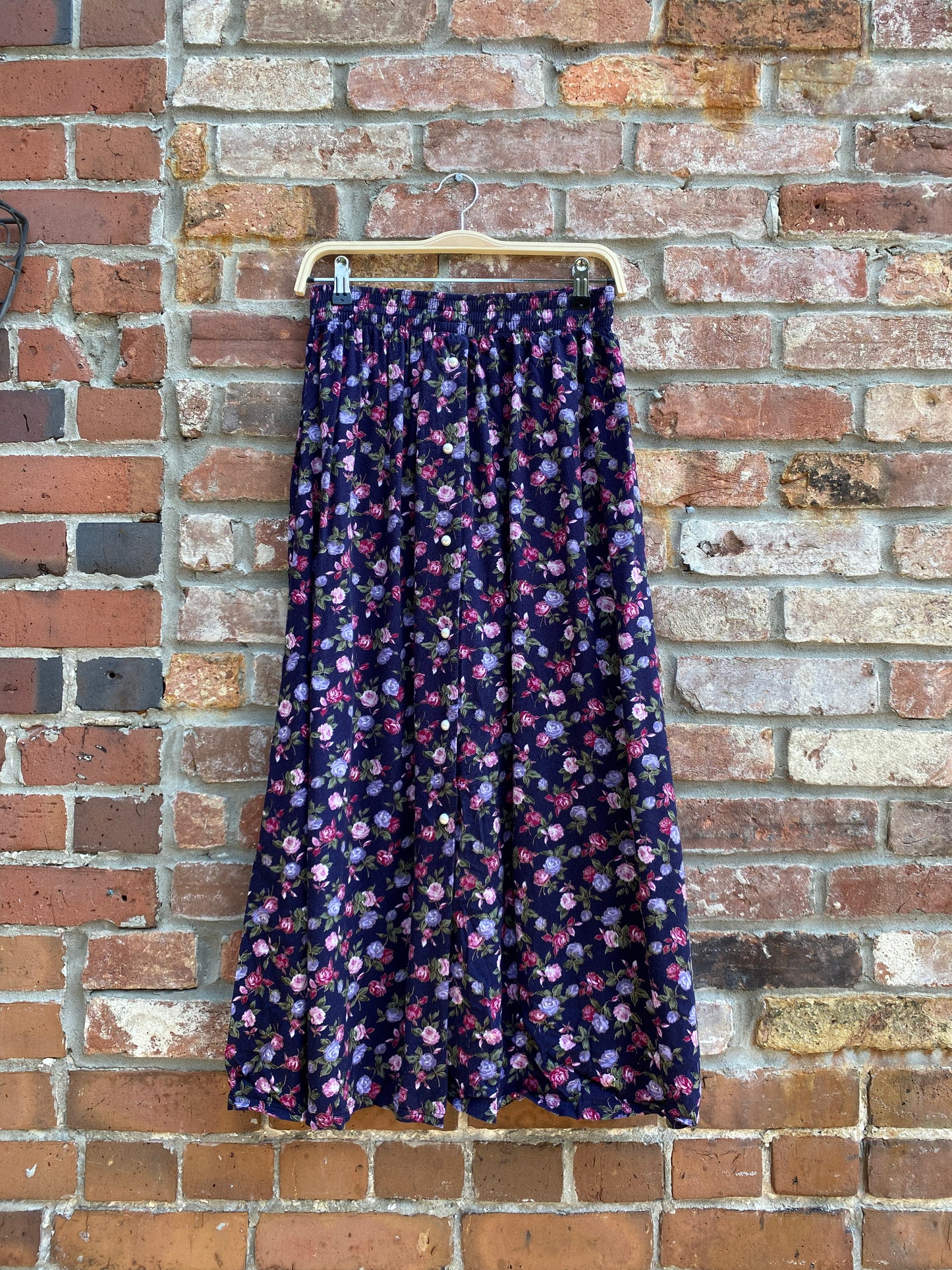 vintage pearl button floral midi skirt