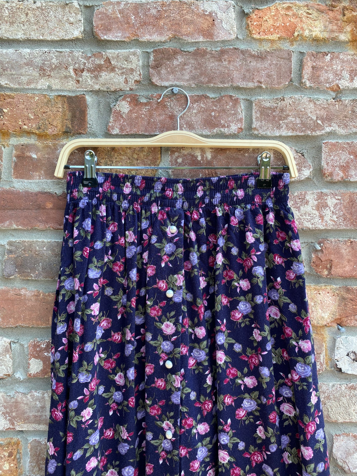 vintage pearl button floral midi skirt