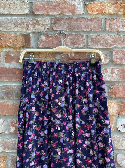 vintage pearl button floral midi skirt