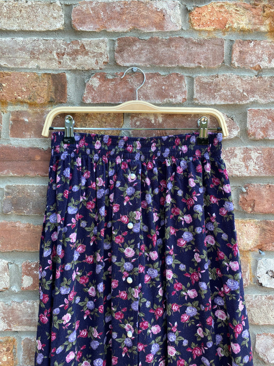 vintage pearl button floral midi skirt