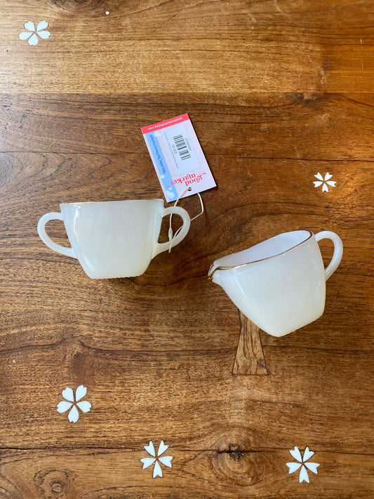 vintage milk glass gold rim sugar + creamer set