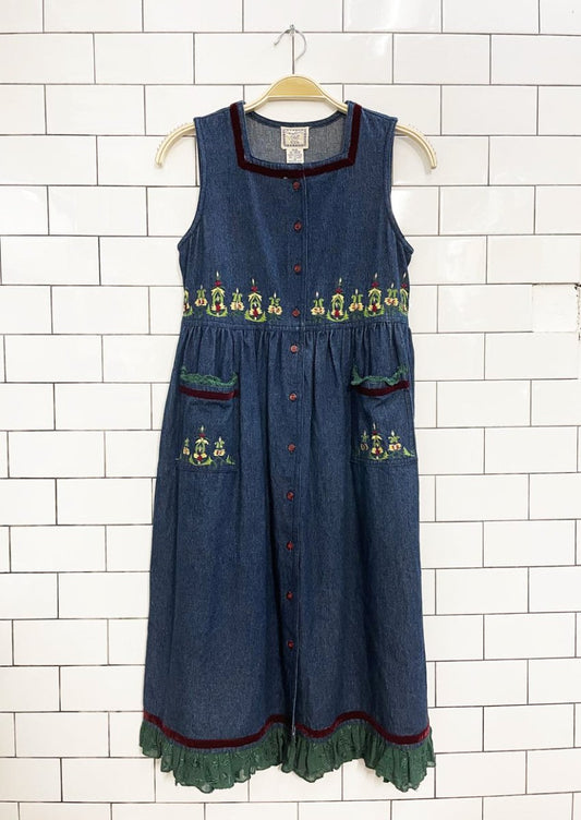 vintage april cornell embroidered full button denim dress - good market thrift store