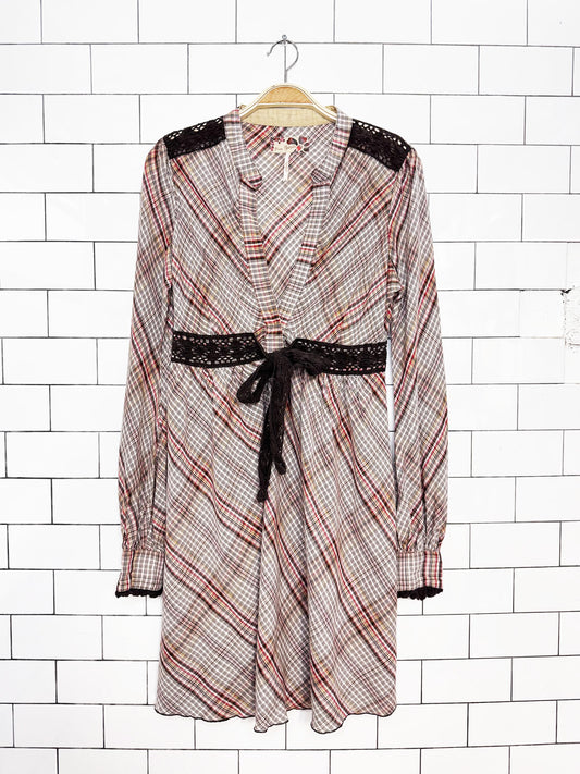 y2k free people crochet trim plaid belted mini dress