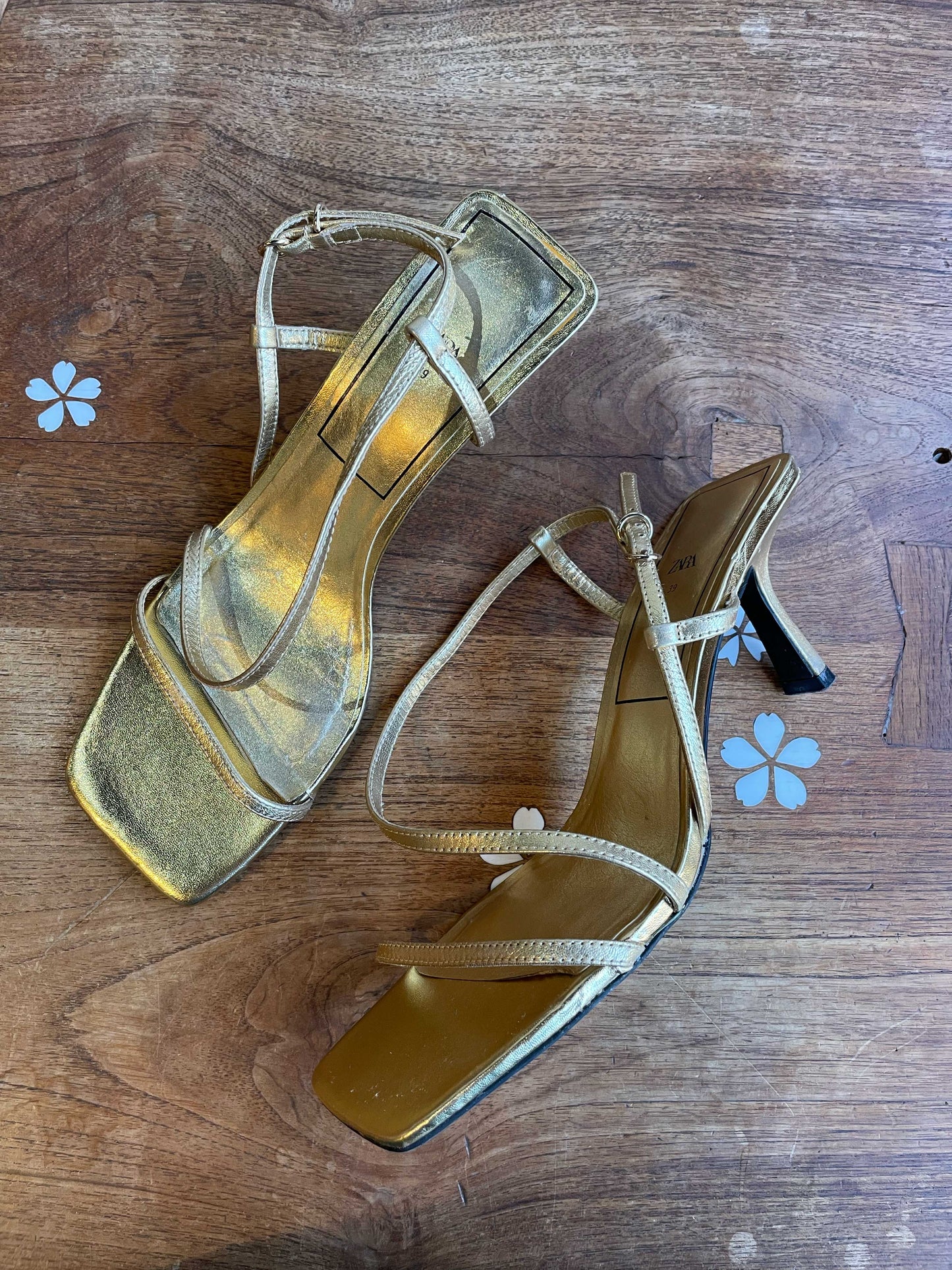 zara gold leather strappy square toe heels