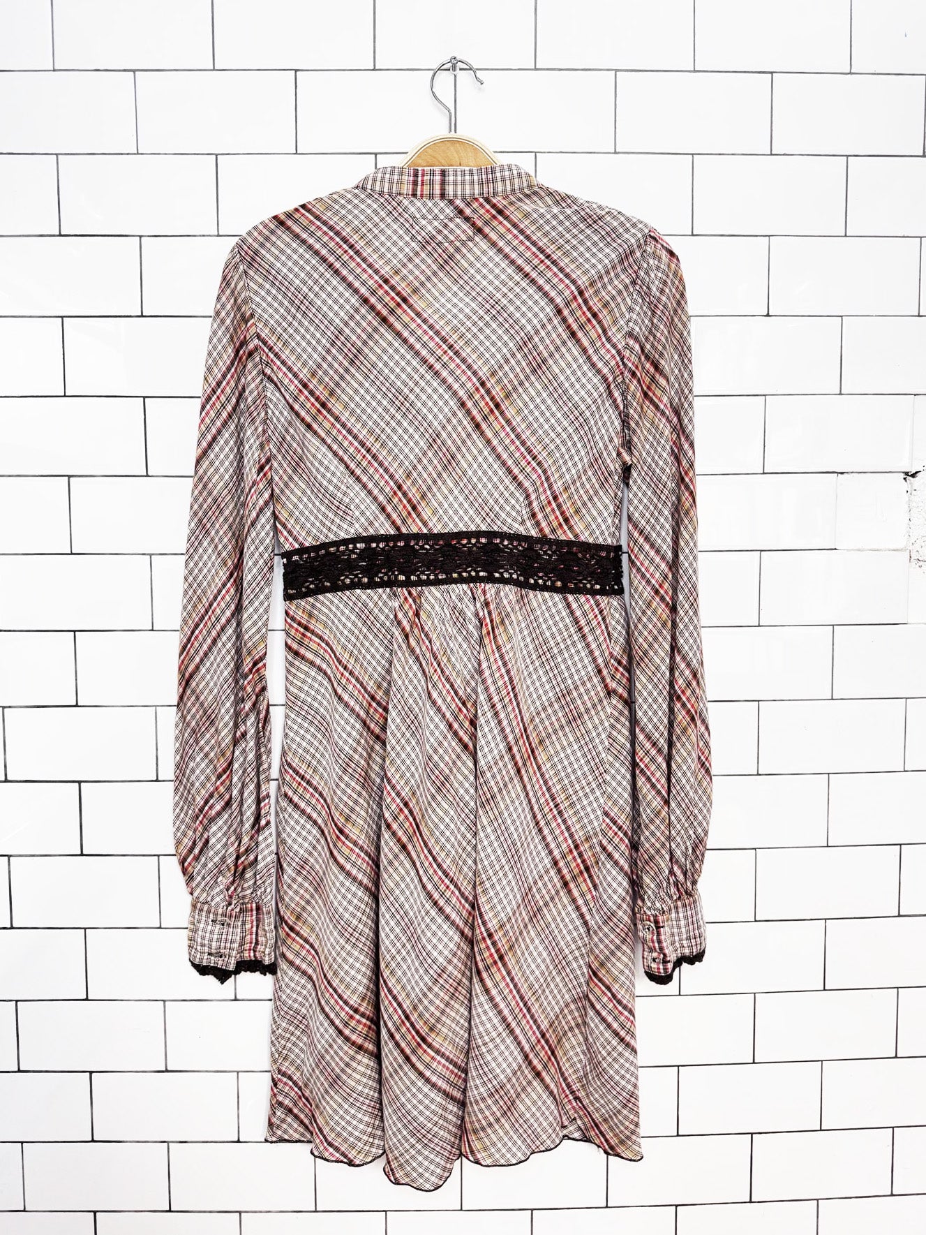 y2k free people crochet trim plaid belted mini dress