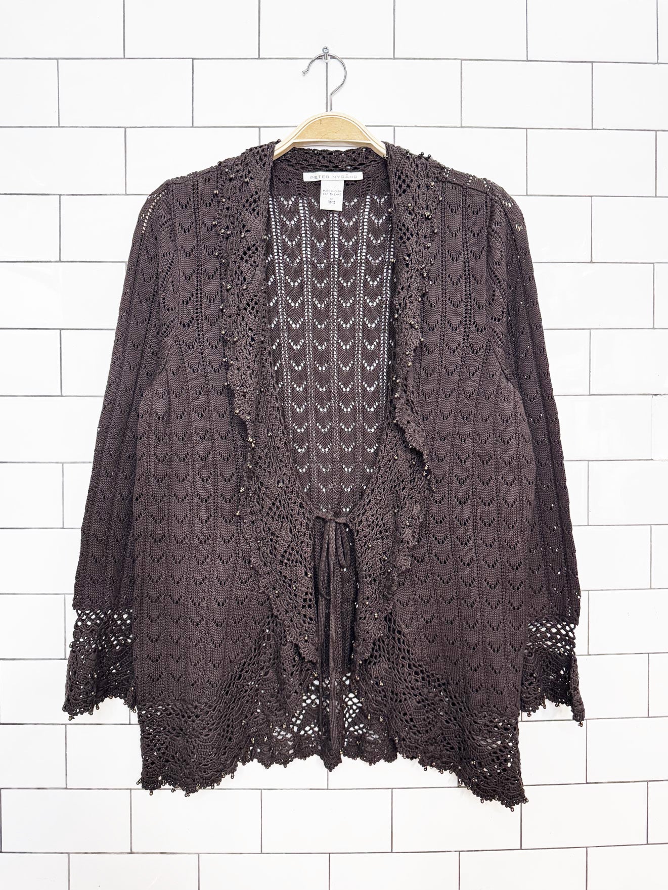 vintage 00s peter nygard crochet beaded trim tie front cardigan