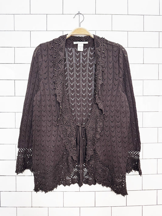 vintage 00s peter nygard crochet beaded trim tie front cardigan