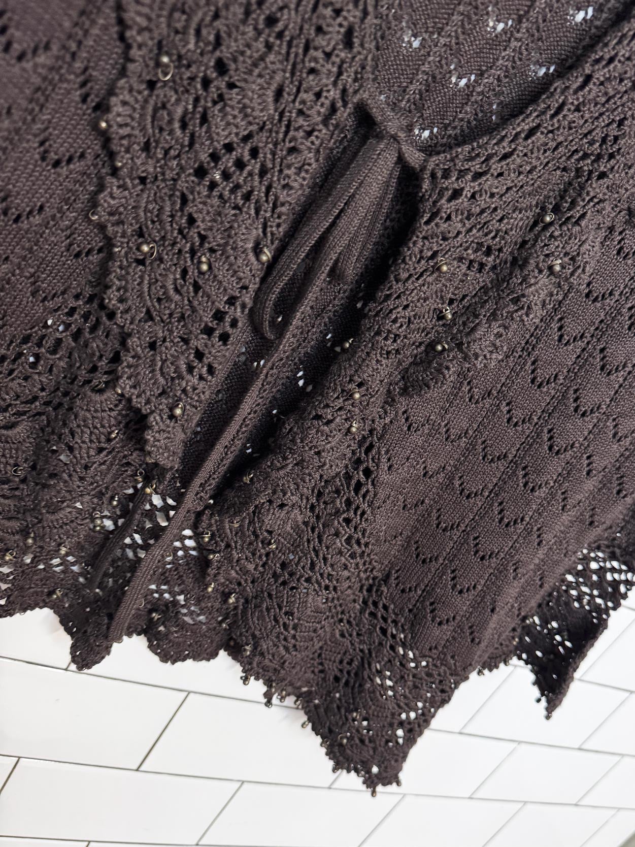 vintage 00s peter nygard crochet beaded trim tie front cardigan
