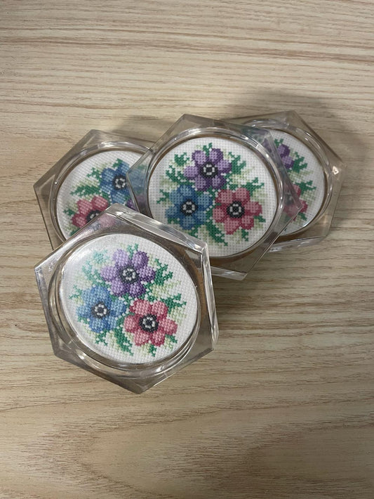 x4 vintage cross-stitch flowers lucite coasters