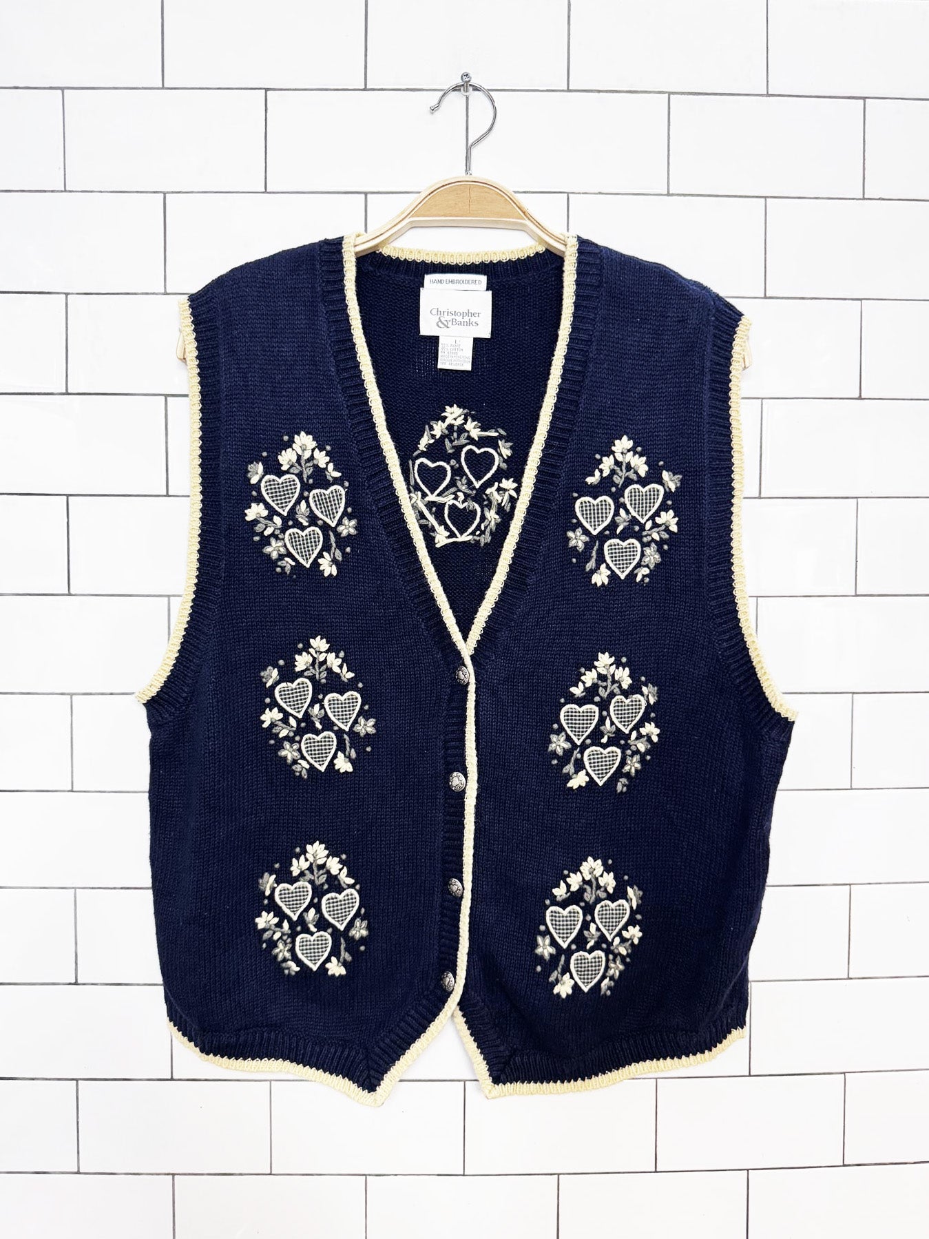 vintage 90s christopher & banks hand-embroidered country hearts knit vest