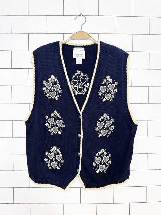 vintage 90s christopher & banks hand-embroidered country hearts knit vest