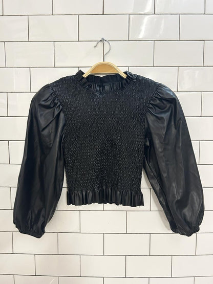 zara faux leather smocked puff sleeve top - good market thrift store
