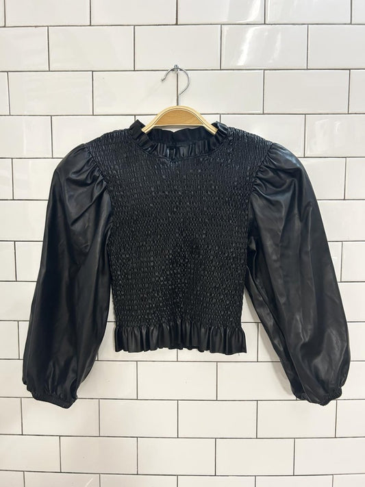 zara faux leather smocked puff sleeve top - good market thrift store