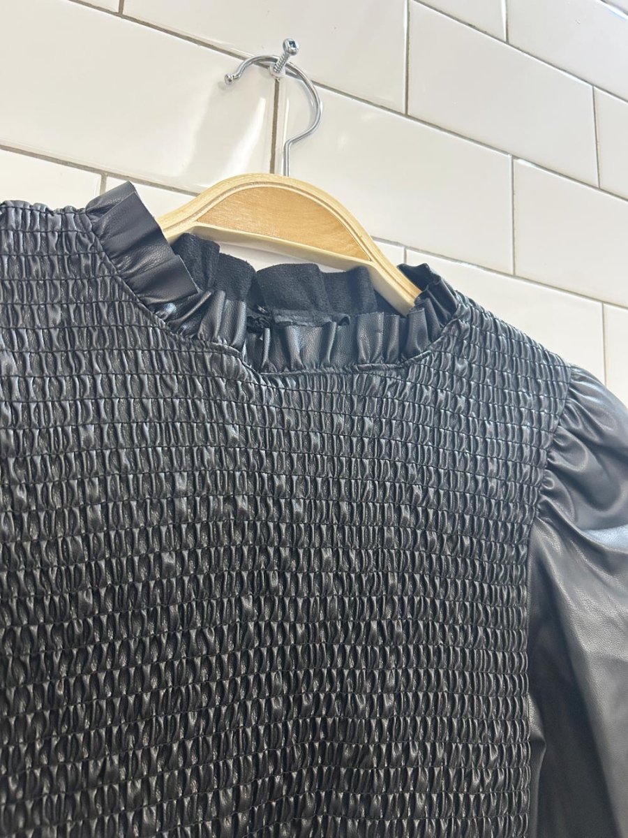 zara faux leather smocked puff sleeve top - good market thrift store