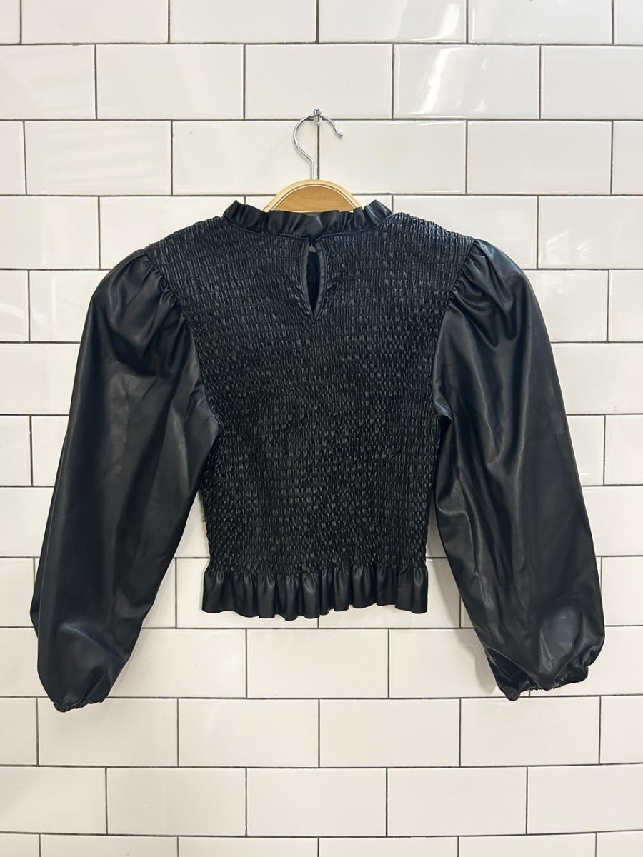 zara faux leather smocked puff sleeve top - good market thrift store