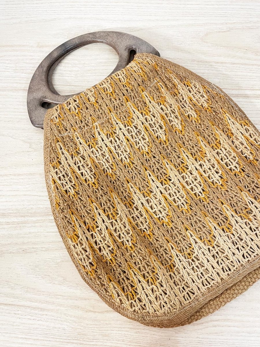 vintage 70s woven jute wood handle tote - good market thrift store
