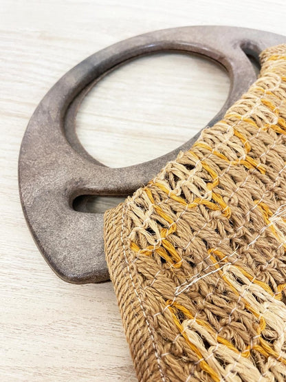 vintage 70s woven jute wood handle tote - good market thrift store