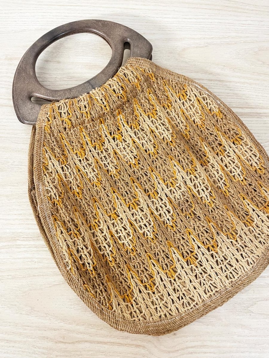 vintage 70s woven jute wood handle tote - good market thrift store