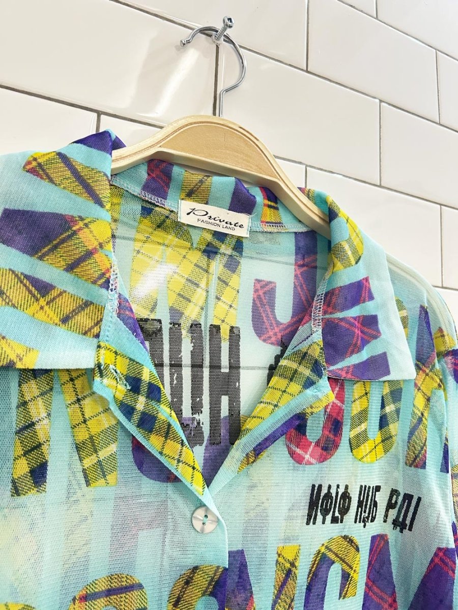 y2k letter art mesh shirt - good market thrift store