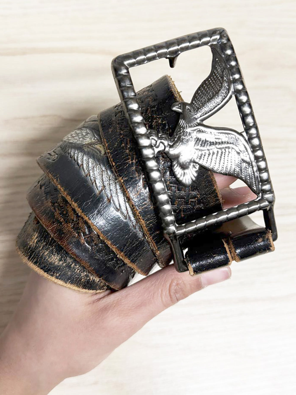 vintage eagle buckle tooled leather belt