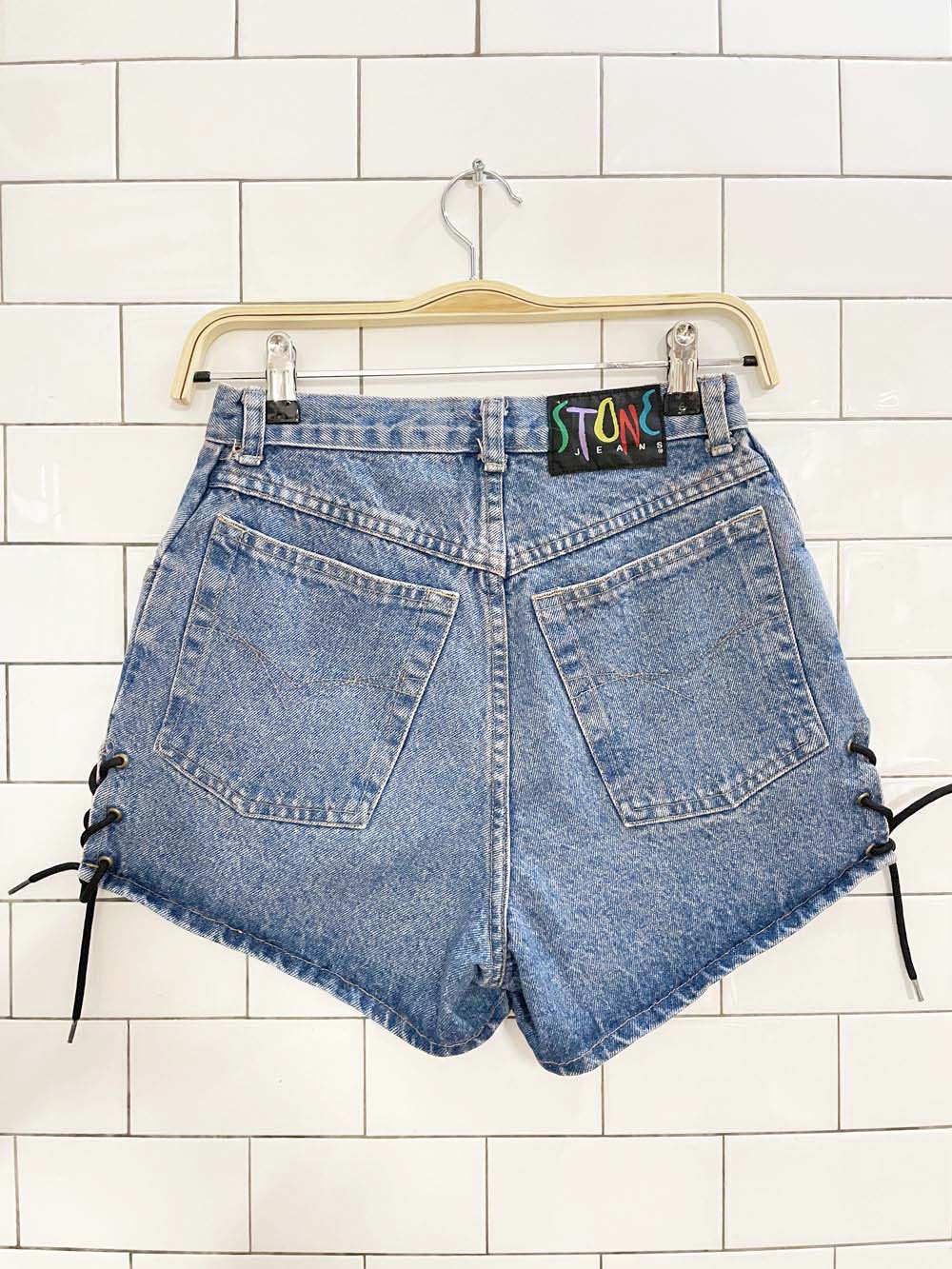 vintage 90s stone lace up denim shorts