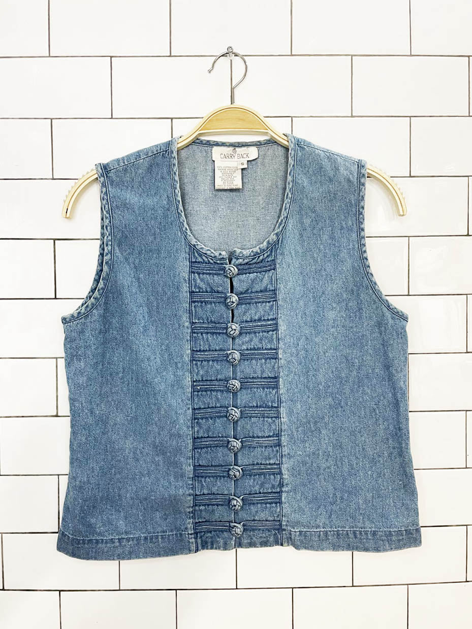 vintage 90s carry back frog button denim vest top