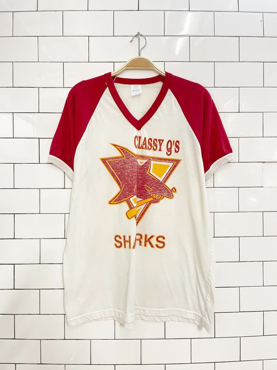 vintage 80s classy q's sharks ringer tee - good market thrift store