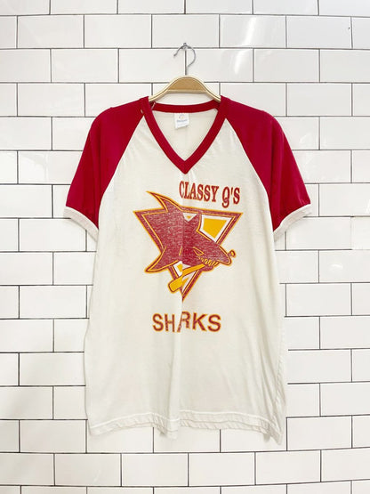 vintage 80s classy q's sharks ringer tee - good market thrift store