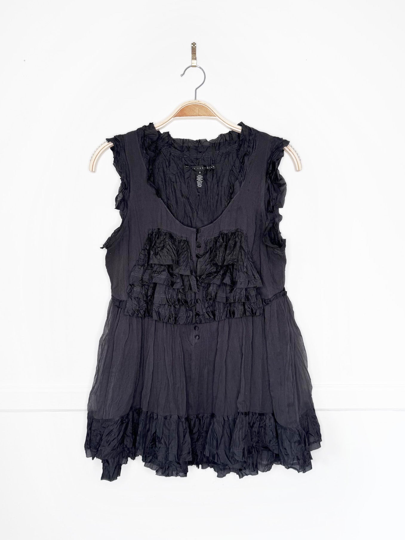 robert rodriguez 100% silk ruffled crinkle sleeveless blouse