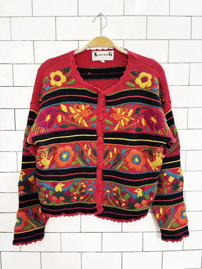 vintage 90s knitting needles heavy knit floral animal embroidered cardigan - good market thrift store
