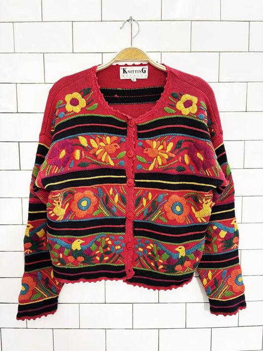 vintage 90s knitting needles heavy knit floral animal embroidered cardigan - good market thrift store