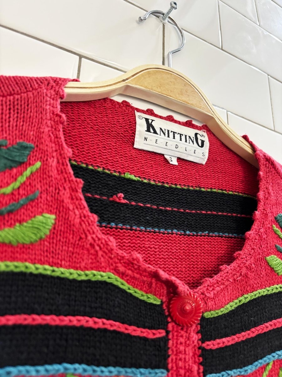 vintage 90s knitting needles heavy knit floral animal embroidered cardigan - good market thrift store