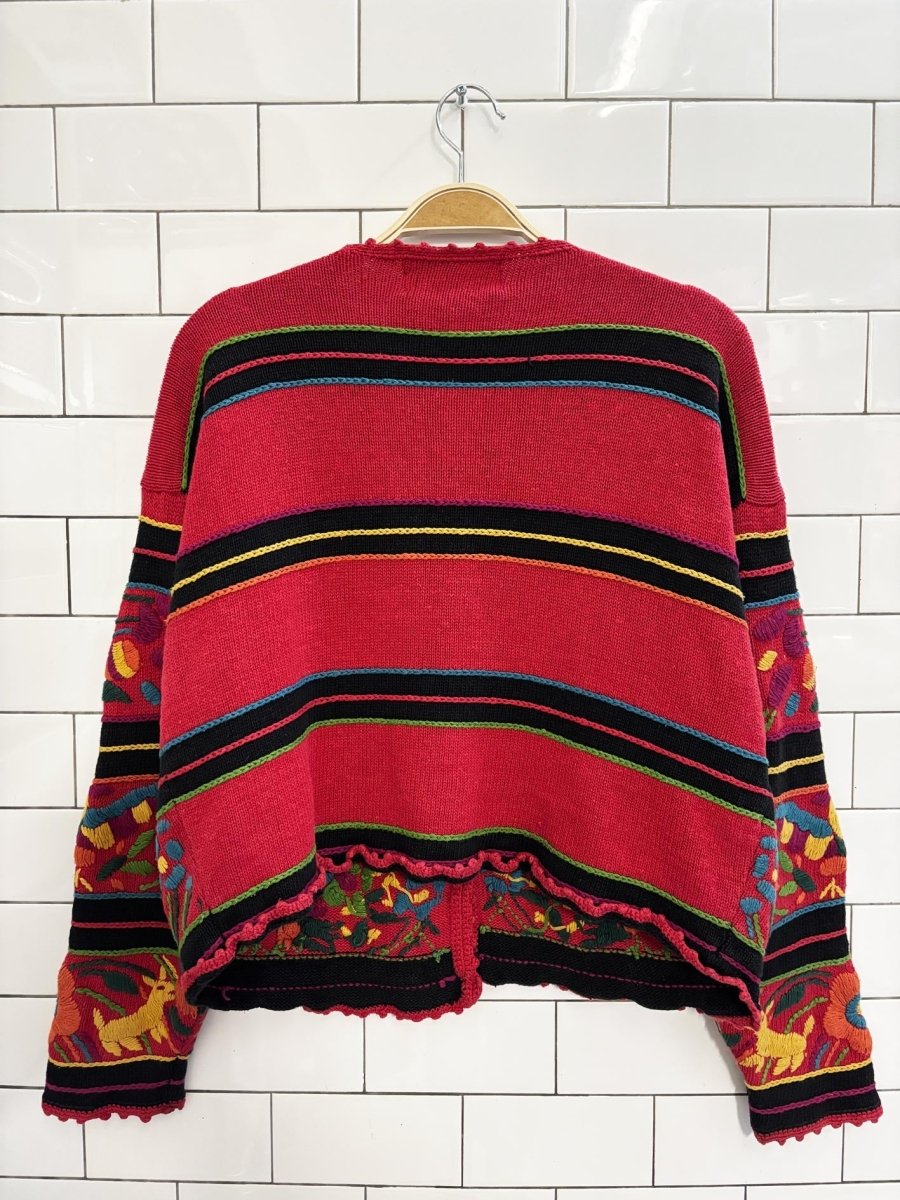 vintage 90s knitting needles heavy knit floral animal embroidered cardigan - good market thrift store