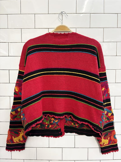 vintage 90s knitting needles heavy knit floral animal embroidered cardigan - good market thrift store