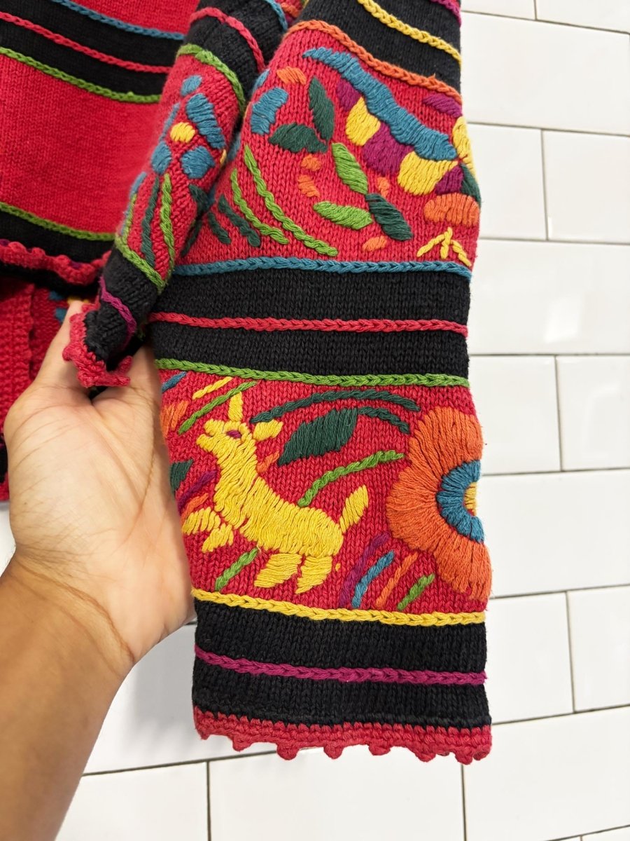 vintage 90s knitting needles heavy knit floral animal embroidered cardigan - good market thrift store