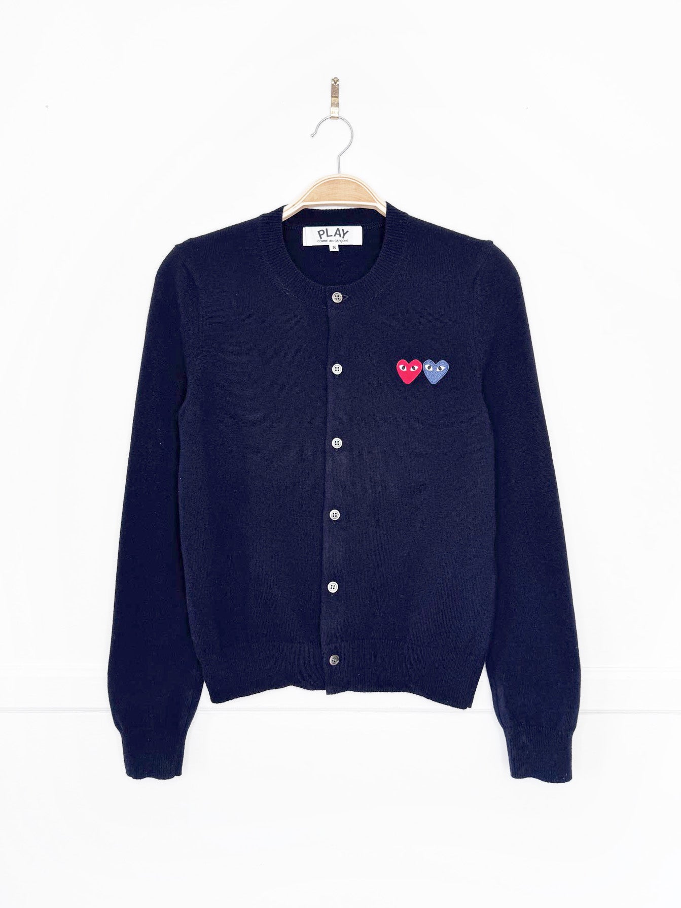 play commes des garcons 100% wool double heart knit cardigan sweater