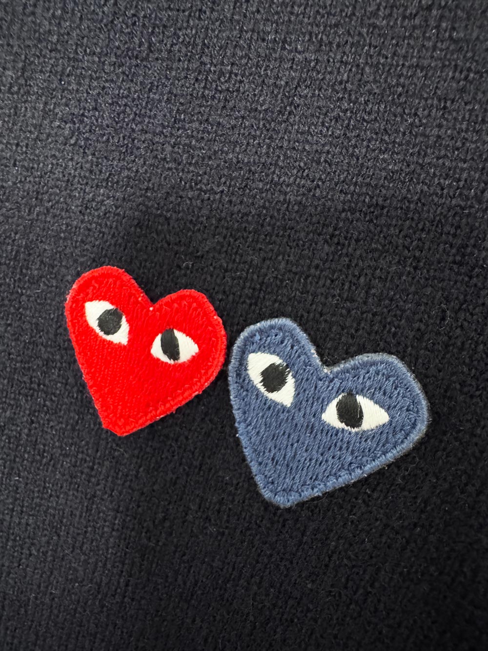 play commes des garcons 100% wool double heart knit cardigan sweater