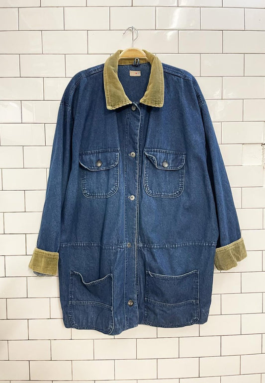 vintage 90s french navy corduroy collar denim chore coat - good market thrift store