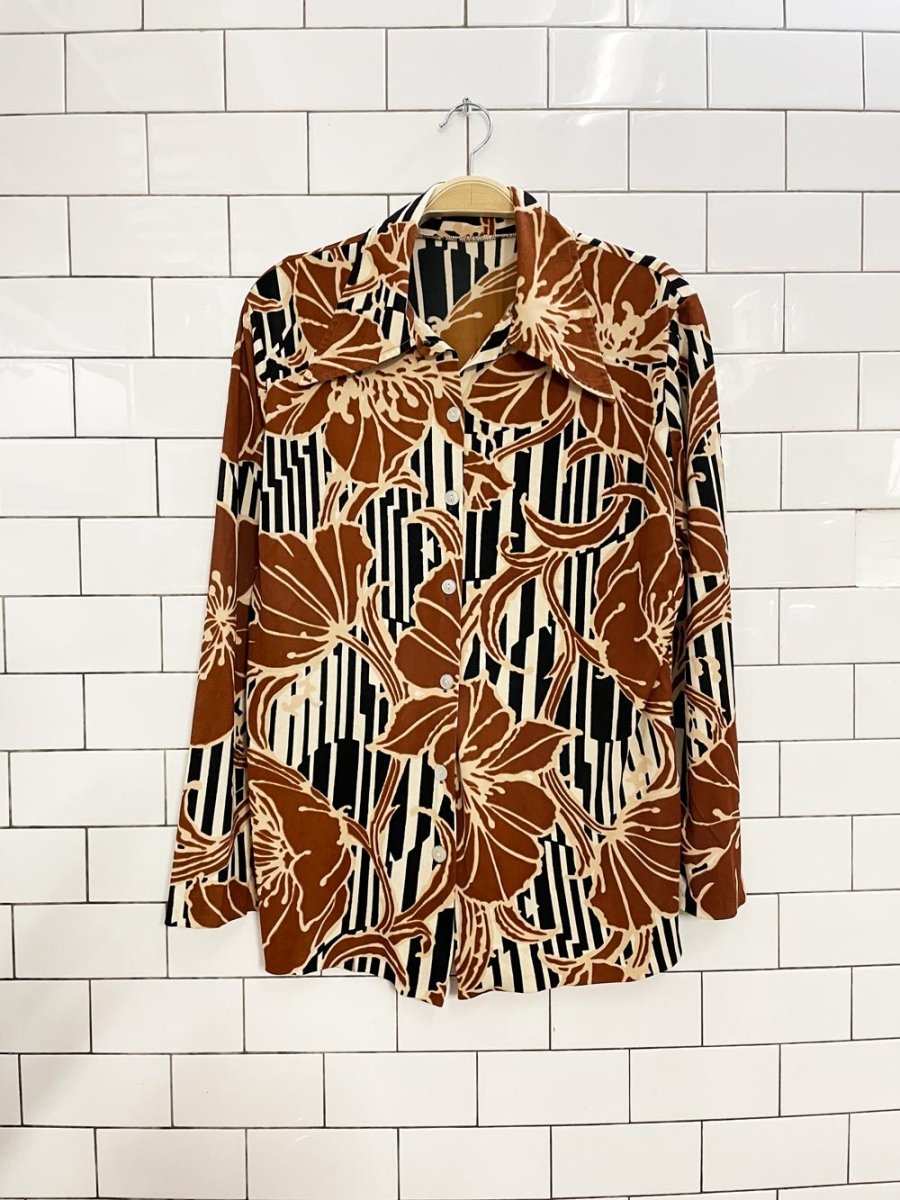 vintage 70s poly knit floral shirt - good market thrift store