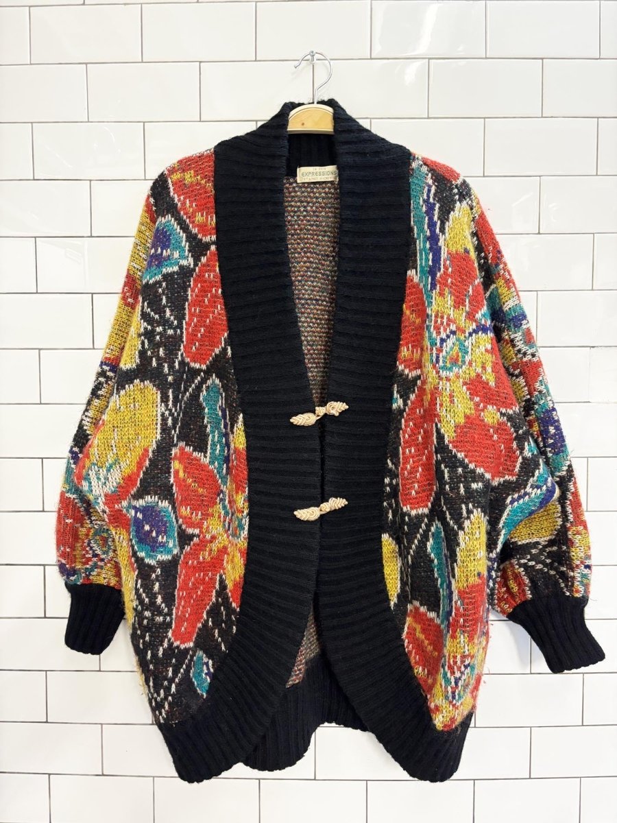 vintage 80s expressions mohair - blend floral knit cardigan jacket - good market thrift store